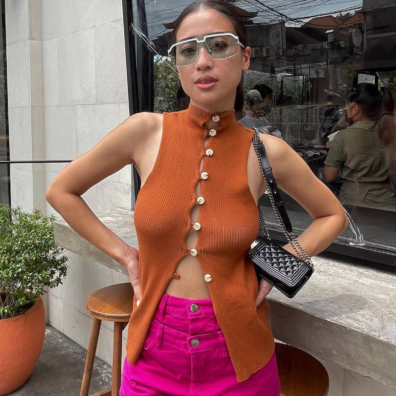 Single Breasted Knitted Vest Hollow Out Cutout Knitted Cropped Turtleneck Sleeveless Slim Fit Shape Vest Top Summer