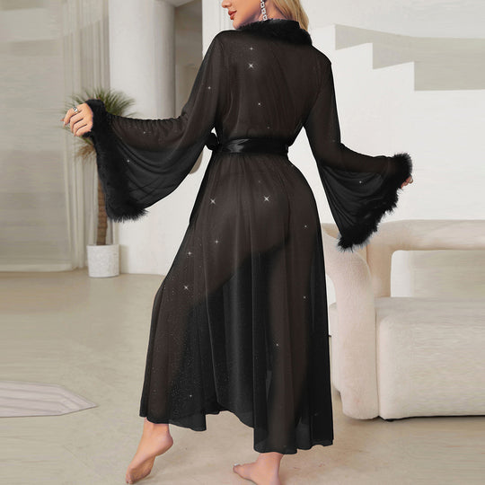 Silver Silk Pajamas Women Light Luxury Long Sleeve Furry Cool Feeling Nightgown Bathrobe Home Wear Women