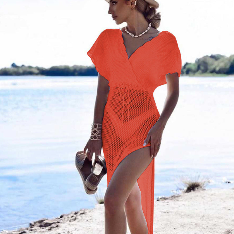 Summer Beach Dress Sexy Slit Short Sleeve Hollow Out Cutout out Strap Bikini Sun Shield Hanfu Long Robe Dress