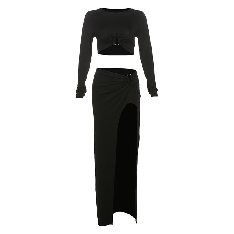 Autumn Winter Women Round Neck Slim Fit Cropped Long Sleeve Top Sexy Slit Skirt Set