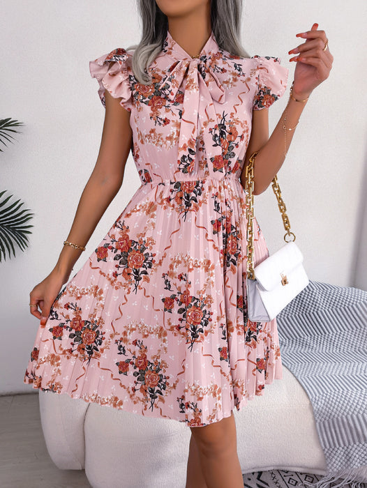 Spring Summer Dignified Floral Lace up Waist Controlled Large Hem Pleated Dress Women Clothing