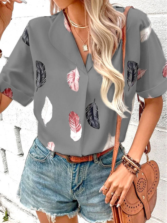 Summer Women Clothing Collared Feather Printed Short Sleeved Top Shirt