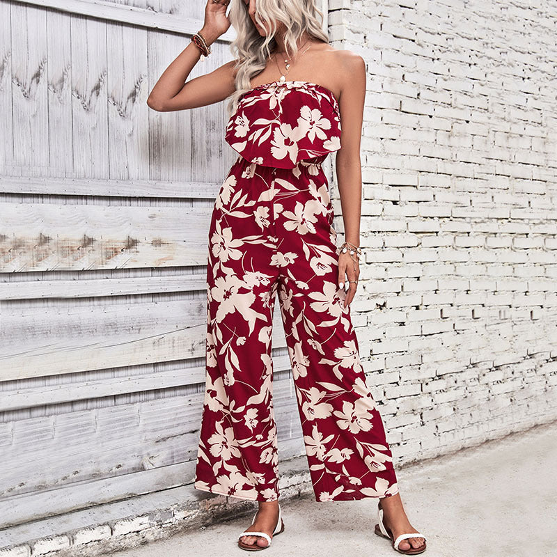 Summer Women Clothing Printed Tight Red Jumpsuit