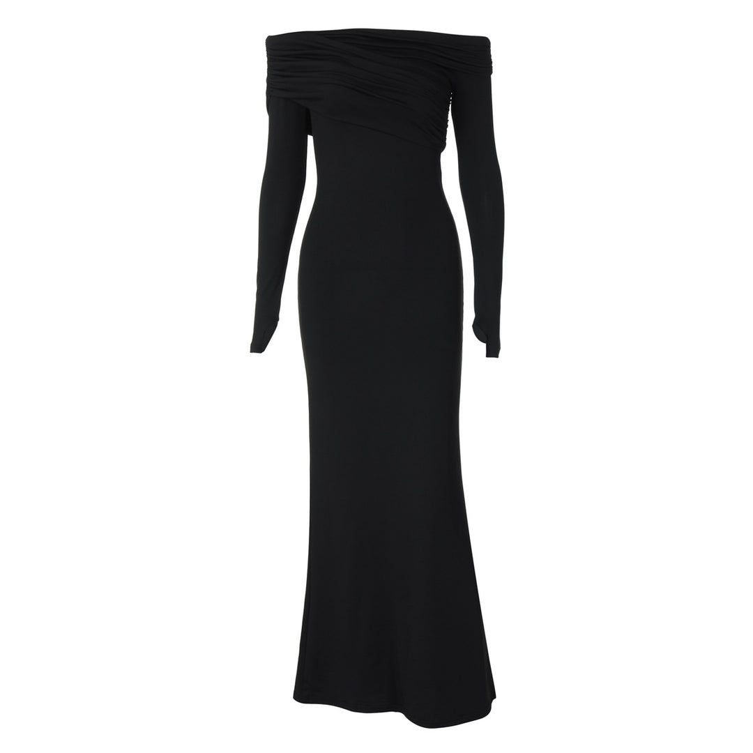 Women Clothing Autumn Shoulder Baring off Neck Long Sleeve Solid Color Slim Maxi Dress