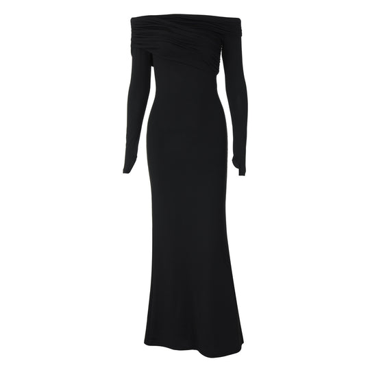 Women Clothing Autumn Shoulder Baring off Neck Long Sleeve Solid Color Slim Maxi Dress