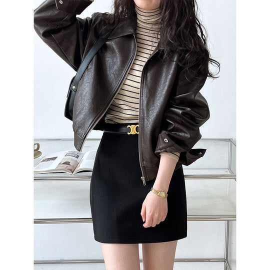 Retro Brown Leather Coat Women Autumn Faux Leather Collared Motorcycle Jacket