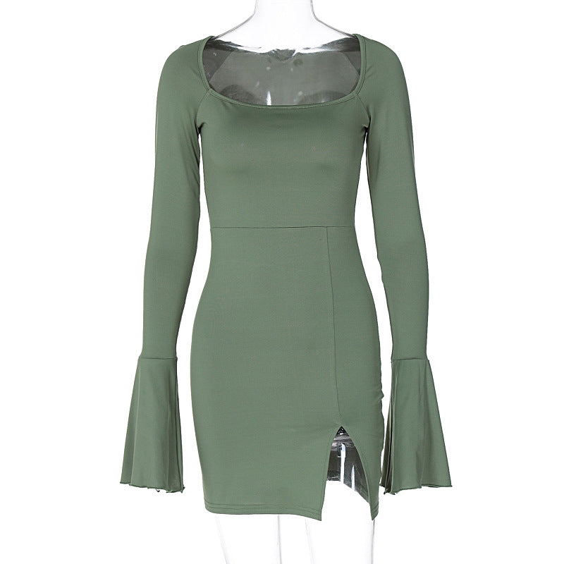 Winter Women Clothing Solid Color Flared Long Sleeve Split Short Dress Sexy Sheath Dress