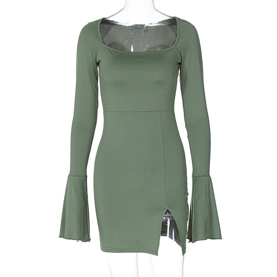 Winter Women Clothing Solid Color Flared Long Sleeve Split Short Dress Sexy Sheath Dress