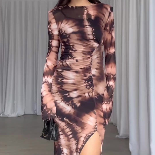 Fall Leopard Print Mesh Floral Print Long Sleeve Ruched Slit Slim Fitting Dress