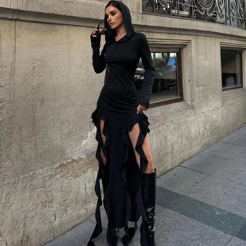 Summer Popular Trend Ruffled Stitching Long Sleeve Hooded Irregular Asymmetric Dress