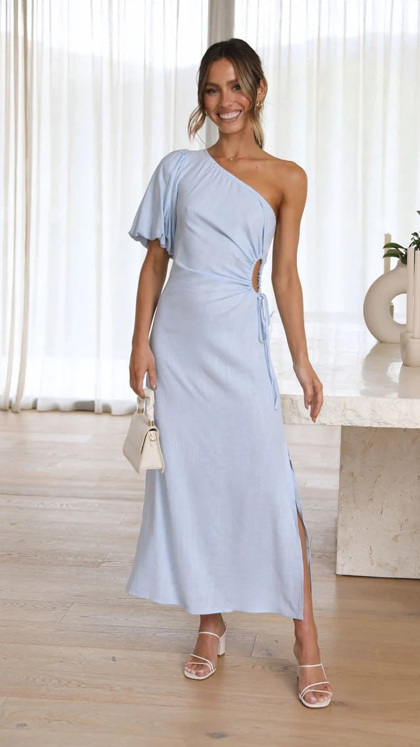 Summer Fashionable Elegant Oblique Shoulder Puff Sleeve Side Slit Dress