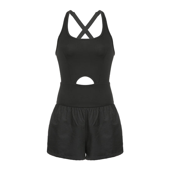 Sports Women Shorts Hollow Out Cutout Cross Back Loose Comfortable Workout Clothes Vest Jumpsuit