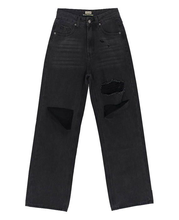 Black Gray Women High Waist Ripped Jeans Baggy Straight Trousers