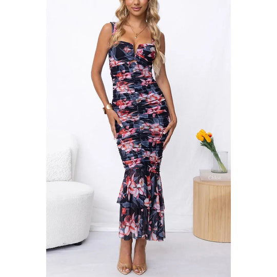 Spring Summer Printed Casual Sling Dress Vacation Zipper Slim Fit Dress