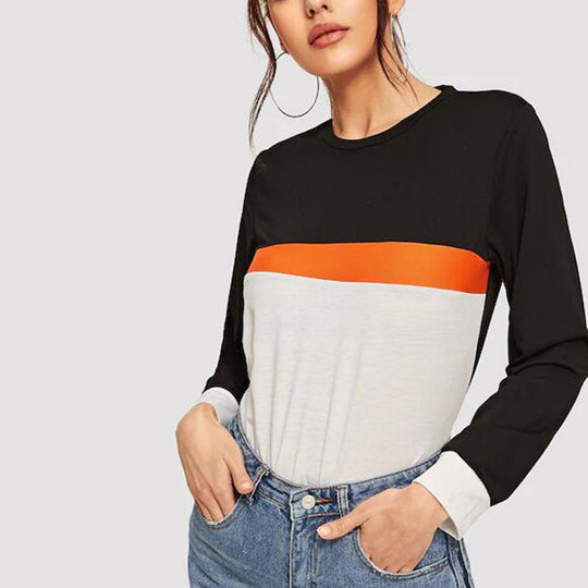 Spring Summer Women Clothing round Neck Pullover Solid Color Stitching Long Sleeve T Top Women Sweatshirt