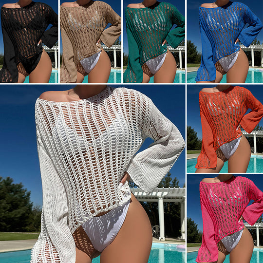 Sexy Loose Fitting Pullover round-Neck Hollow Out Cutout Texture Sheer Long Sleeve Bikini Short Sun Protective Clothing