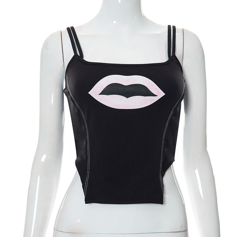 Summer Lip Print Strap Pullover Sleeveless off-Shoulder Casual Women Top