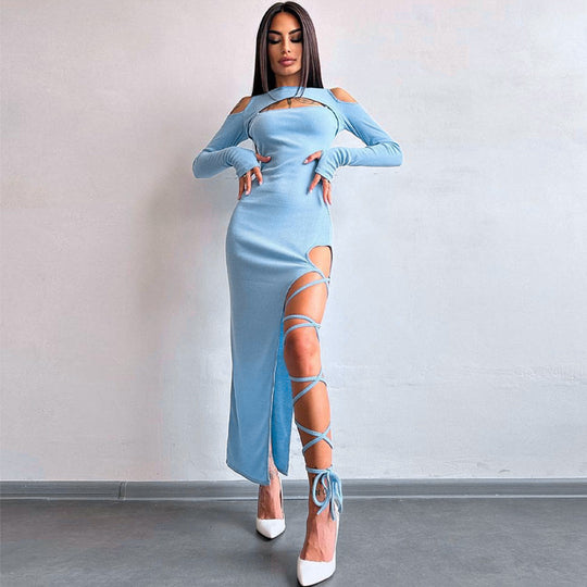 Sexy Leggings Split Dress Autumn Women Clothing Solid Color Long Sleeve Hollow Out Cutout Dress