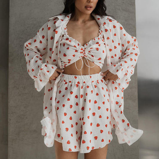 Summer Design Sweet Printed Ruffled Underwear Long Sleeve Shorts Three Piece Cotton Pajamas for Women