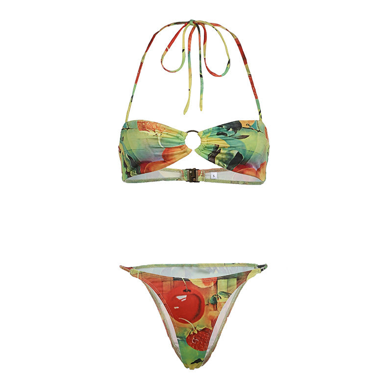 Print Holiday Bikini Seaside Sexy Swimsuit Colorful Printed Fruit Embellished Briefs Bra Set