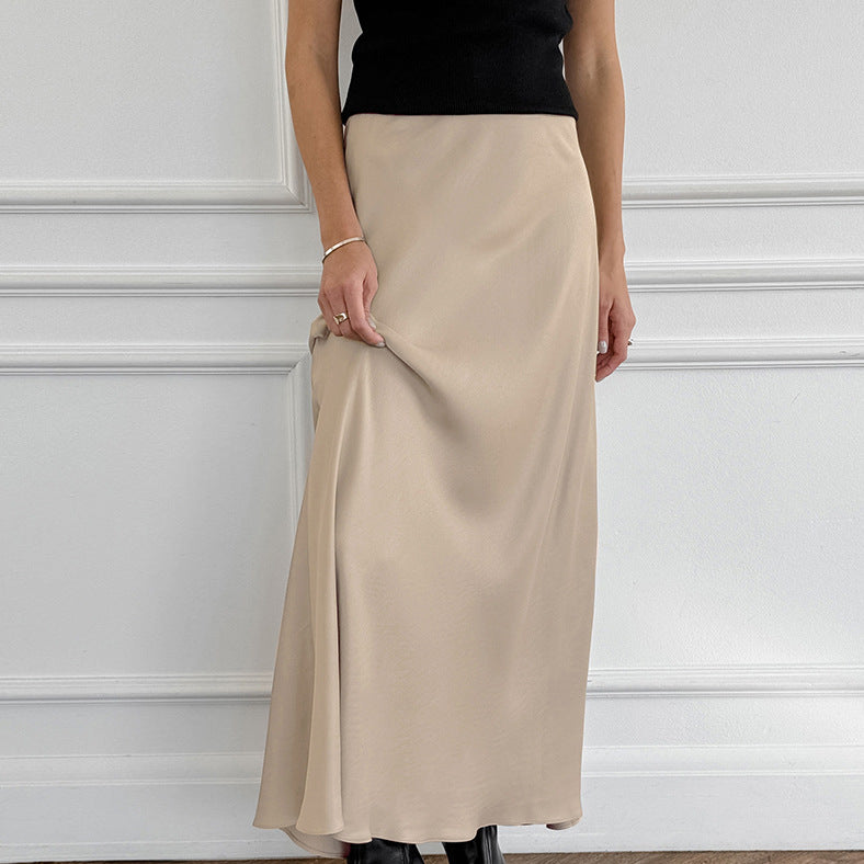 Imitation Acetate Satin Khaki A Swing High Waist Casual Skirt Autumn Long Skirt for Women