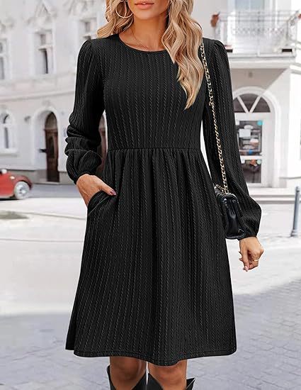 Women Clothing Round Neck Pocket Knitted Sweater Long Sleeve A Line Dress