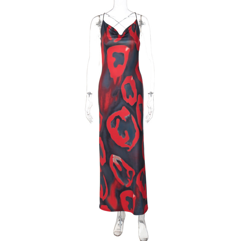 Women Clothing Summer Printed V Neck Maxi Dress Sexy Backless Dress