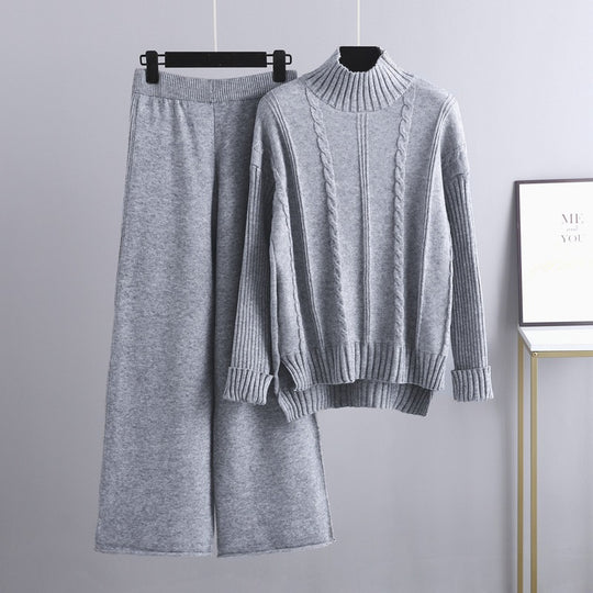 High End Mock Neck Sweater Wide Leg Pants Suit for Women Autumn Winter Younger Knitted Two Piece