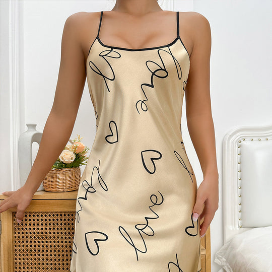 Silk Ice Silk Nightdress Sleeveless Short Summer Suspender Sexy Pajamas Women Thin Printed Homewear