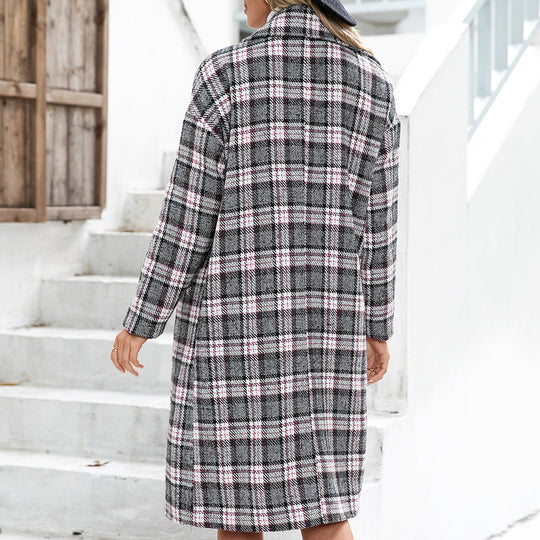 Blazer Collar Double Breasted Long Cashmere Houndstooth Woolen Coat Plaid Trench Coat for Women