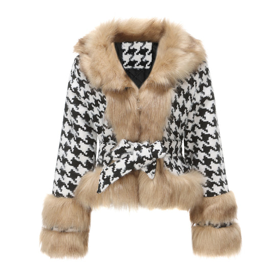 Women Autumn Winter Plaid Coat Detachable Short Fur Collar Tops Houndstooth