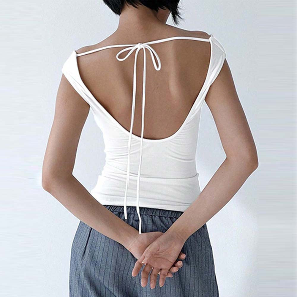 Summer Casual off Neck T shirt Backless Lace up Short Sleeve Solid Color Top