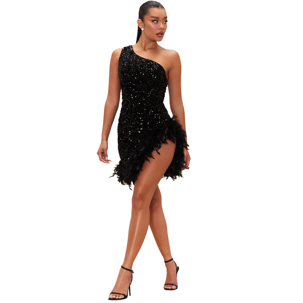 Oblique Shoulder Sequined Feather Dress Sheath Slit Hemline