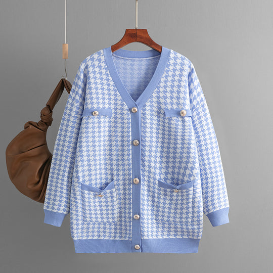 Sweater Women Loose V neck Houndstooth Long Sleeve Knitted Cardigan Coat Contrast Color