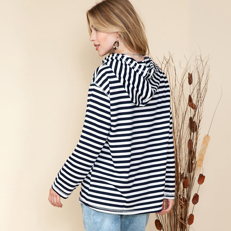 Striped Hooded Sweater Women Autumn Casual Loose Long Sleeve Top Women