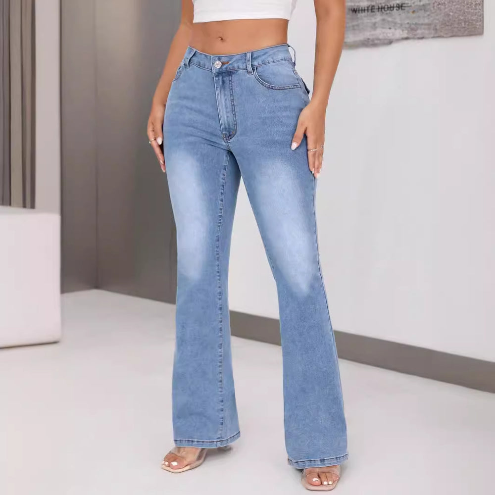 Women Clothing High Waist Casual Straight Leg Slimming High Elastic Jeans