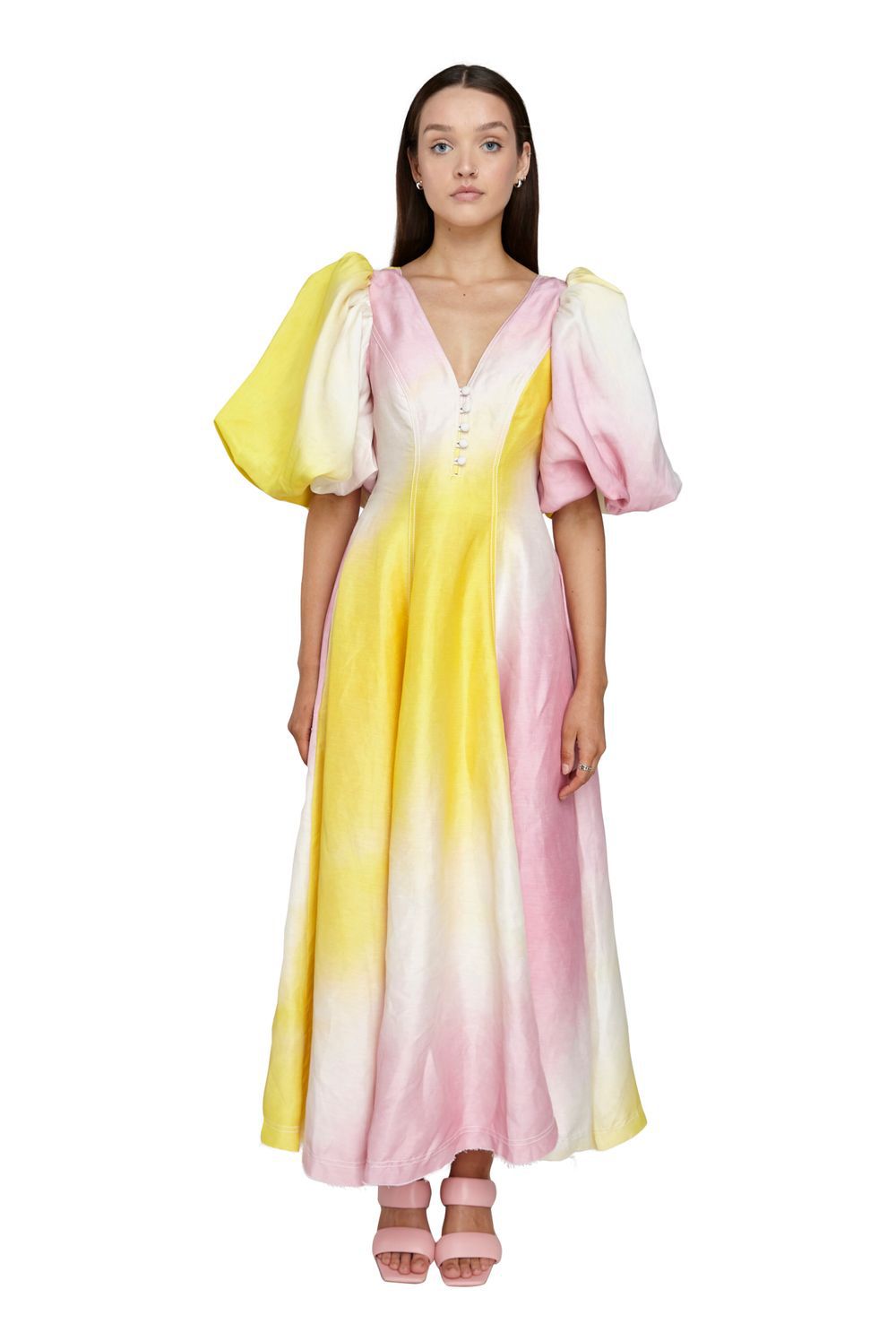 Fashionable Color V neck Lantern Sleeve Dress