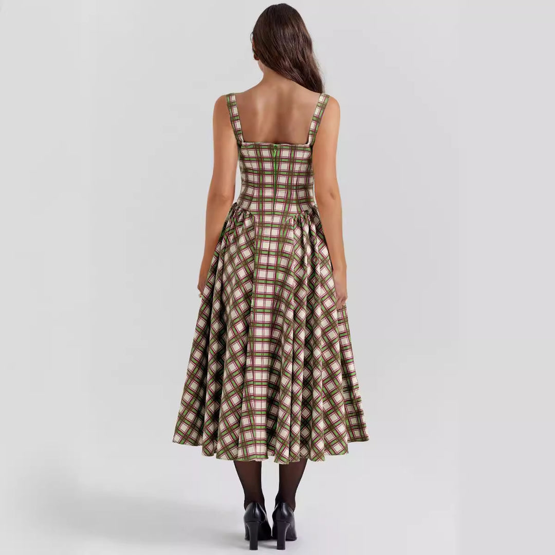 European Girl Summer U Neck Plaid Sling Slim Waist Retro Big Swing Dress Women