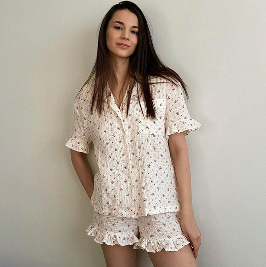 Summer Pure Cotton Floral Print Tube Top Short Sleeve Shorts Ruffled Three Piece Suit Ladies Homewear