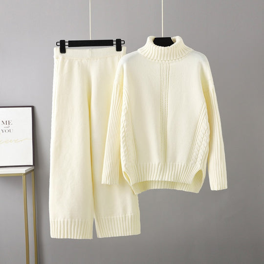 Turtleneck Pullover Thickened Knitting Sweater Casual Set Women Autumn Winter Loose Idle Wide Leg Pants Two Piece Set