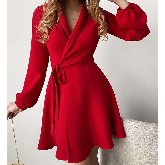 Women Clothing Office Collared Tied One Piece Color Matching Short Long Sleeve Dress