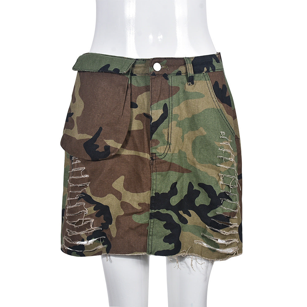 Women Clothing Summer Camouflage Pocket Tassel Hollow Out Cutout Skirt