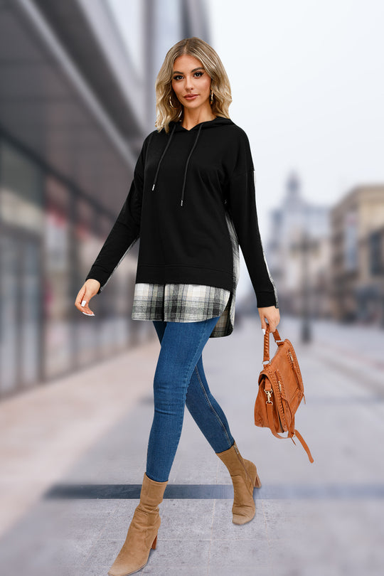 Autumn Winter Pullover Hooded Plaid Stitching Split Sweater Women