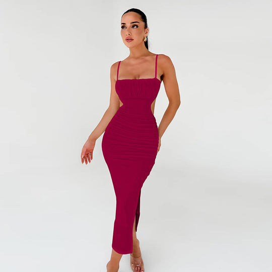 Women Cami Dress Sexy Backless Ruffle Hip Side Slit Maxi Dress