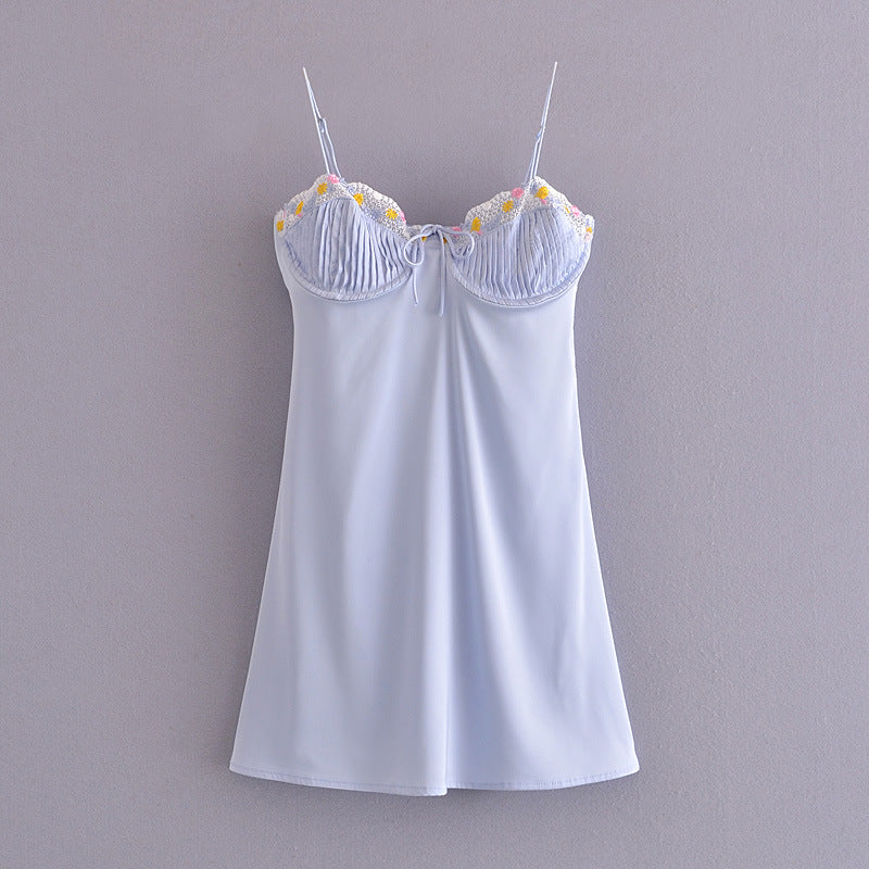 Summer Baby Blue Floral Embroidered Draped Satin Sexy Backless Spaghetti Straps Dress Mini