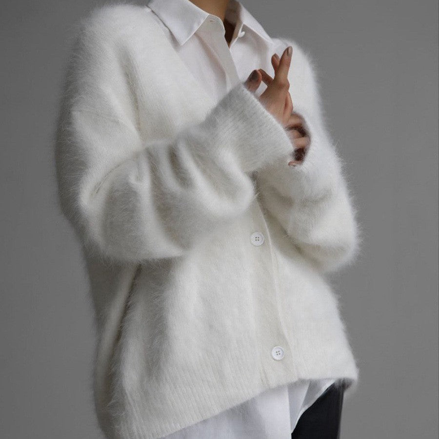 Idle Knitted Cardigan Women Fall Winter V Neck Loose Mink Like Sweater Coat Sweater