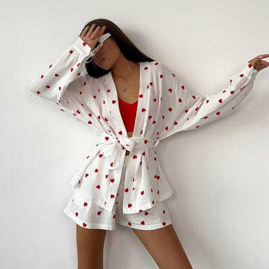 Artificial Silk Heart Printing Lace up Shorts Pajamas Suit Comfortable Breathable Ladies Homewear