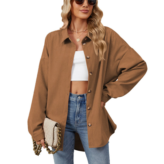 Autumn Winter Solid Color Polo Collar Button Long Sleeve Loose Fitting Shacket for Women