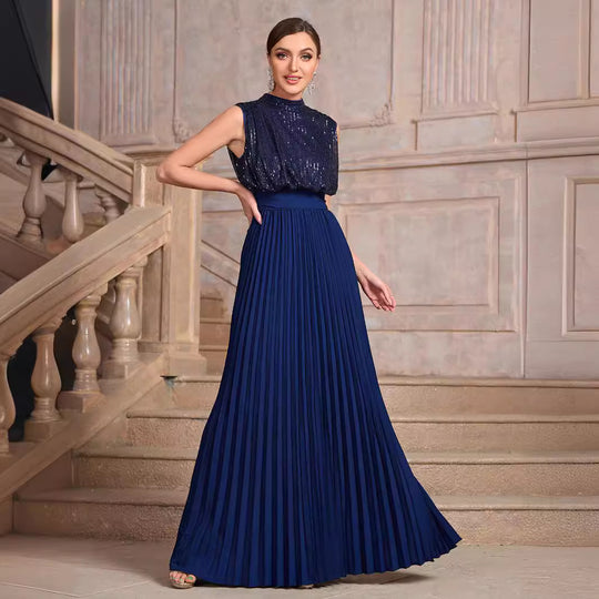 Solid Color Sequ Backless Sleeveless Pleated Sequined Lace up Slim Fit Ladies Cocktail Evening Dress