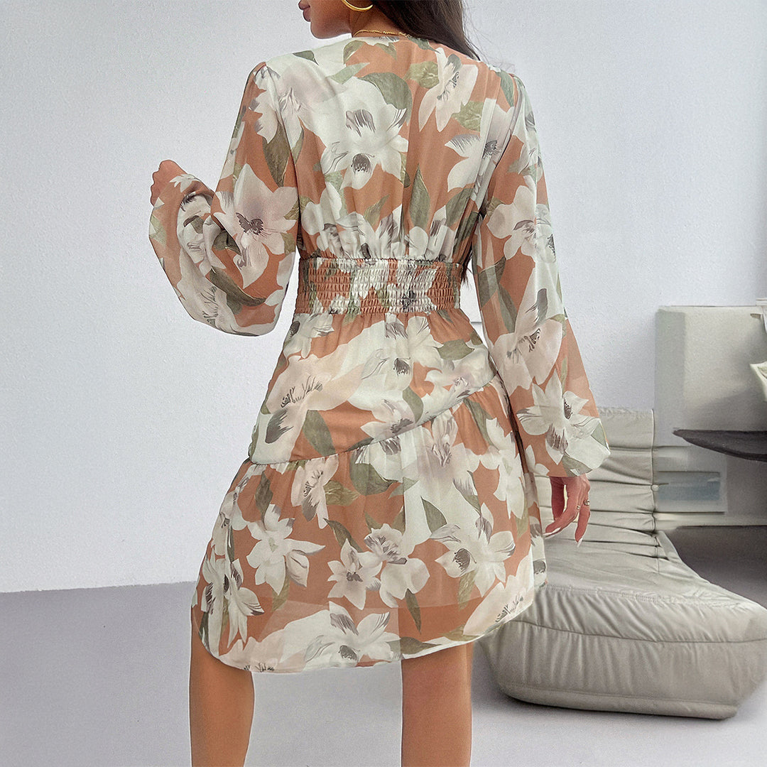 Autumn Winter Women Clothing Casual Printed Waist Controlled Long Sleeve Dress